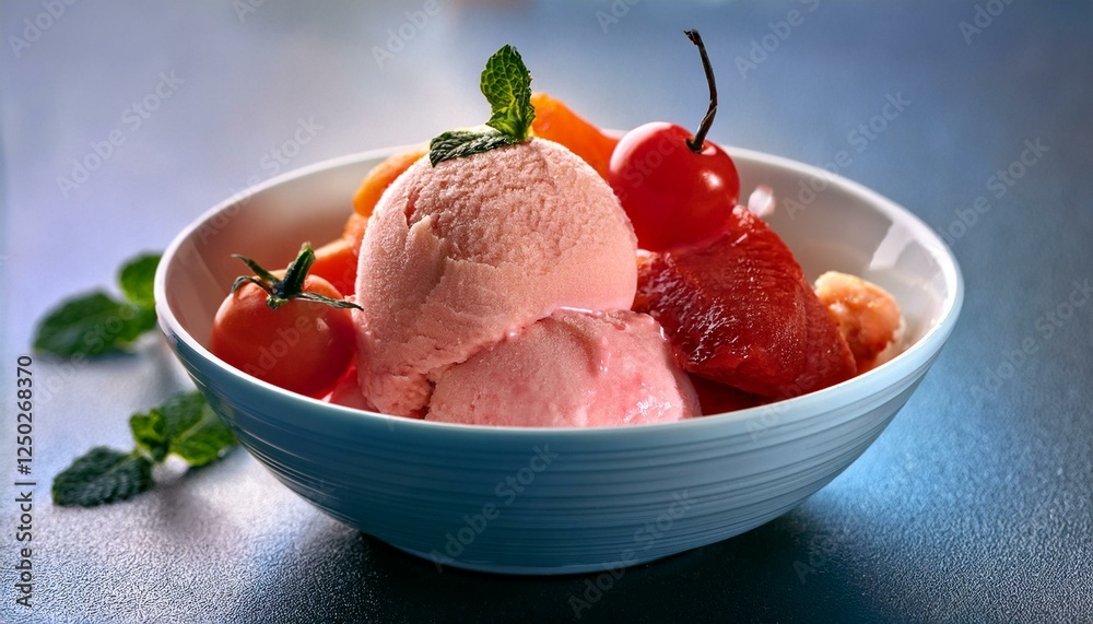 An Ice cream in a bowl with cherry tomatoes and mint leave; selective focus and shallow depth field blur An Ice cream in a bowl with cherry tomatoes and mint leave; selective focus and shallow depth field blur