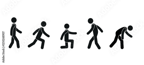 Pictograph people in different poses, walking, bent over, silhouette of a human figure isolated on a white background