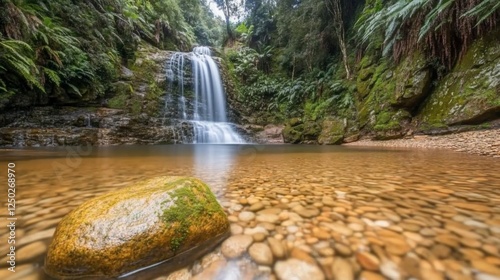 Tranquil waterfall cascading into a pristine pool in a lush rainforest