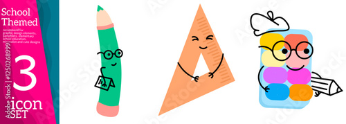 Mascot school supplies. Cute cartoon stationery characters, emoticons, cute comic objects, eraser, book, pencil, backpack, vector illustration. Stationery, pencils and educational supplies