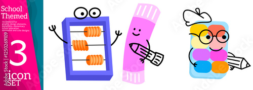 Mascot school supplies. Cute cartoon stationery characters, emoticons, cute comic objects, eraser, book, pencil, backpack, vector illustration. Stationery, pencils and educational supplies