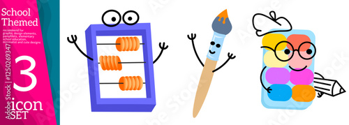 Mascot school supplies. Cute cartoon stationery characters, emoticons, cute comic objects, eraser, book, pencil, backpack, vector illustration. Stationery, pencils and educational supplies