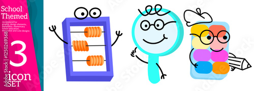 Stationery. Cartoon characters with faces. Friendly company of tools for painting and creating. Back to school, character background template with cute cartoon mascots on white background. Vector