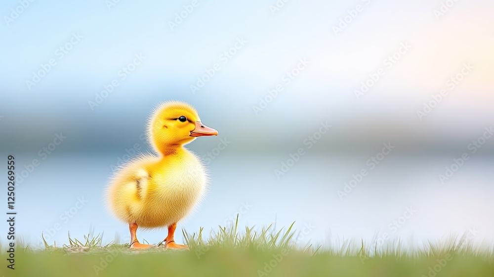 A fluffy yellow duckling stands on green grass near a serene lake at sunset, capturing a peaceful moment A fluffy yellow duckling stands on green grass near a serene lake at sunset, capturing a peaceful moment