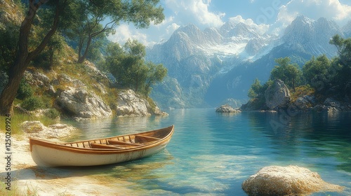 Serene lake scene with a wooden boat, surrounded by majestic mountains and lush greenery