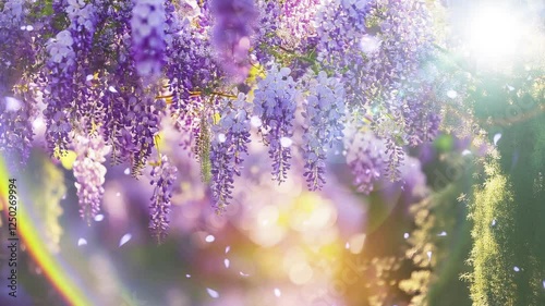 5月・春の背景　飛び散る花びら　眩しい太陽の日差し光　輝きとレンズフレア　美しい色の紫の吊るされた藤の花　藤棚・季節・旅行・観光の背景