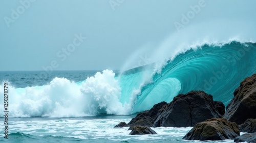 Ocean's Emerald Embrace A Majestic Wave Curls Over Coastal Rocks