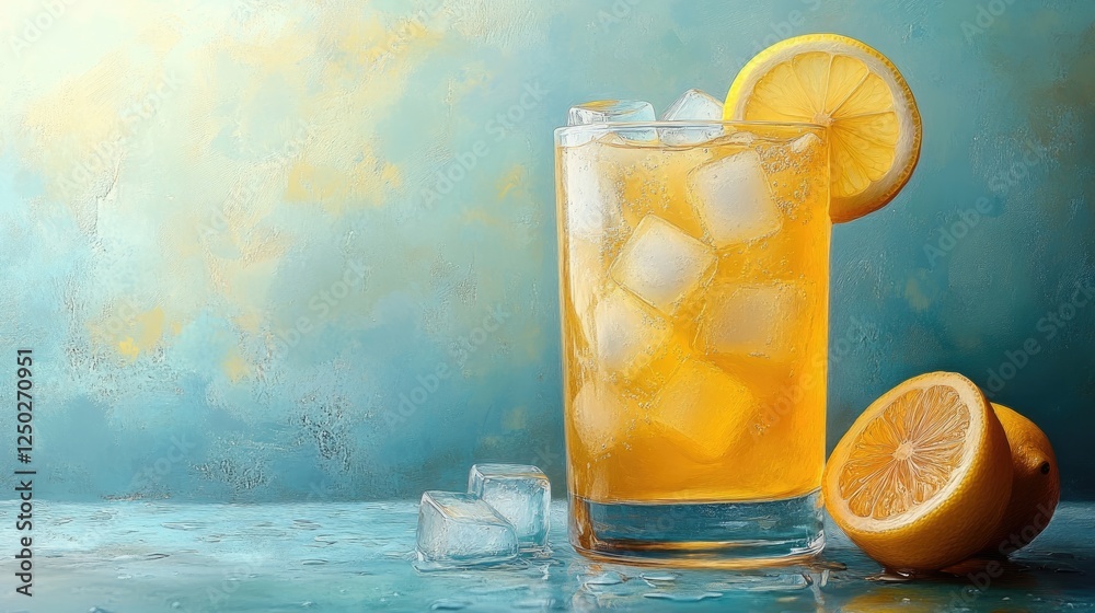 Refreshing glass of iced tea with lemon slices on a vibrant blue background, evoking summer vibes Refreshing glass of iced tea with lemon slices on a vibrant blue background, evoking summer vibes
