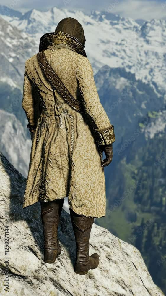 Individual in ornate coat standing atop mountain peak overlooking vast valley and snow-capped mountains during daytime