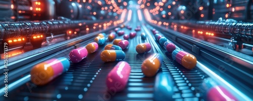 Witness the symphony of modern healthcare with a vibrant conveyor belt filled with colorful pills moving through an industrial packaging system, symbolizing the precision and innovation inherent in