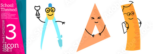 Stationery. Cartoon characters with faces. Friendly company of tools for painting and creating. Back to school, character background template with cute cartoon mascots on white background. Vector