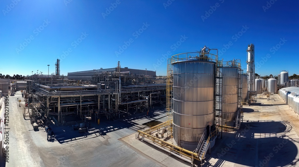 Obraz premium Industrial facility with large storage tanks and processing equipment under a clear blue sky.