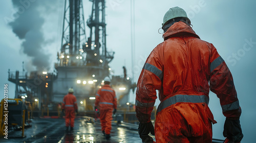 Workers in orange suits on oil rig during safety drills