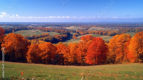 Vibrant autumn landscape showcasing rolling hills and colorful foliage under a clear blue sky