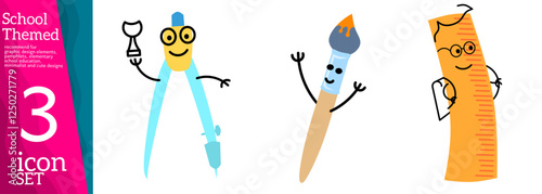 Stationery. Cartoon characters with faces. Friendly company of tools for painting and creating. Back to school, character background template with cute cartoon mascots on white background. Vector