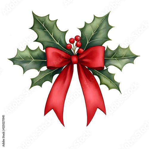 Festive Holly Leaves and Red Bow Decoration for Holiday Season, Perfect for Christmas Cards, Gifts, and Seasonal Crafts