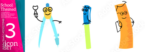 Stationery. Cartoon characters with faces. Friendly company of tools for painting and creating. Back to school, character background template with cute cartoon mascots on white background. Vector