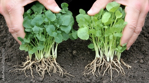Hands hold seedlings, growth comparison, soil, garden, agriculture