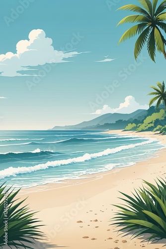there is a picture of a beach with palm trees and a surfboard                        