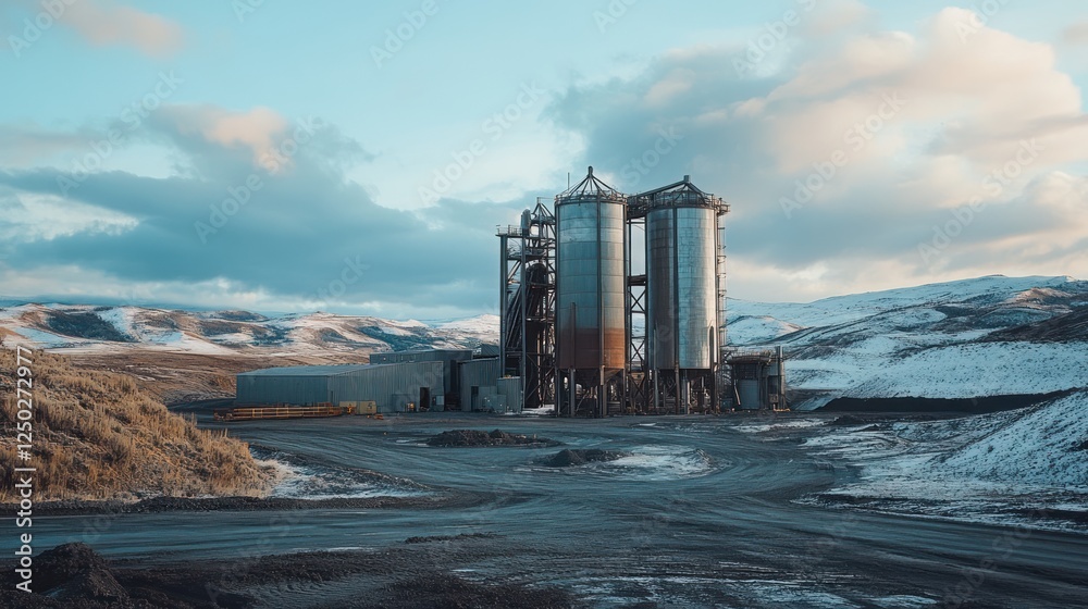 Obraz premium Industrial facility with silos in a snowy landscape under a cloudy sky.