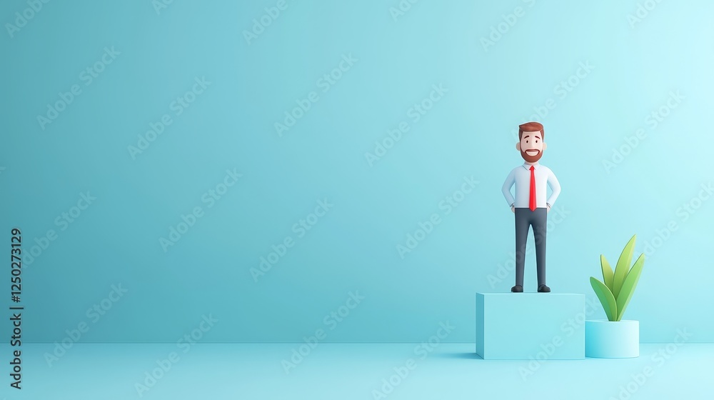 Triumphant man celebrates achievement on podium with symbolic plant Triumphant man celebrates achievement on podium with symbolic plant