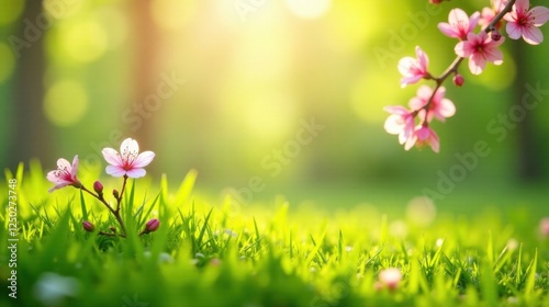 Delicate Pink Blossoms and Vibrant Green Grass in the Warm Sunlight of Spring