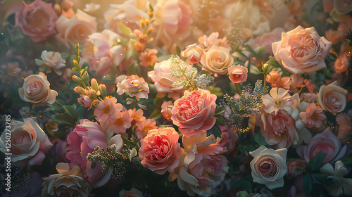 Fototapeta Naklejka Na Ścianę i Meble -  A cascading floral arrangement of pastel roses and peonies