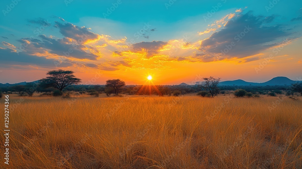 Vibrant sunset over a golden savanna landscape with scattered trees and distant mountains Vibrant sunset over a golden savanna landscape with scattered trees and distant mountains