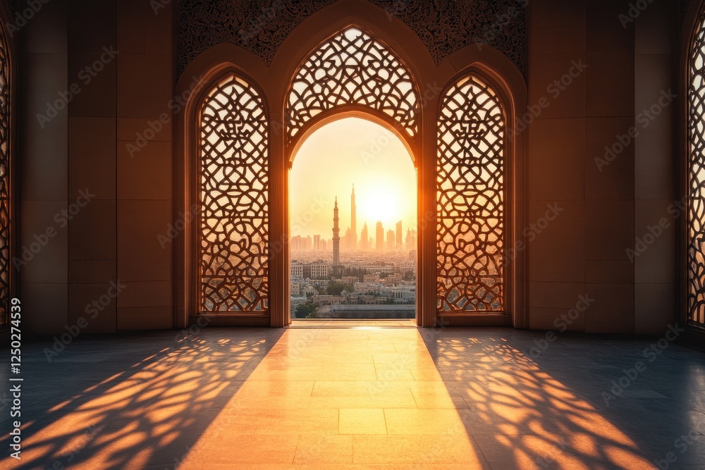 Fototapeta premium Sunrise view through ornate archway.