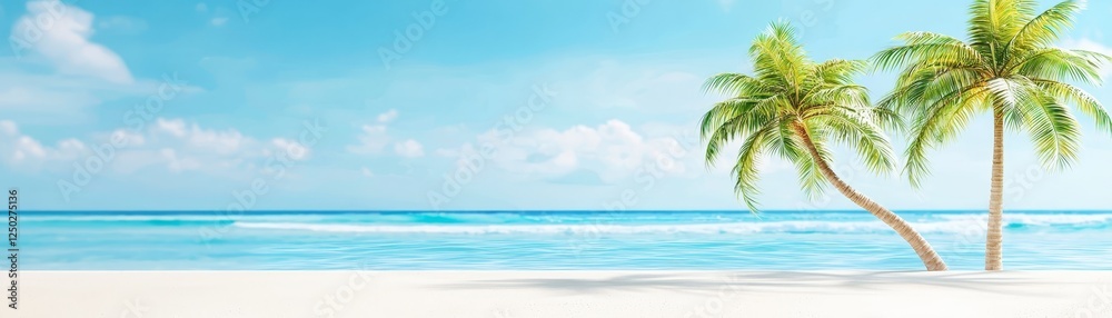 Two palm trees on a sunny beach with clear blue sky, tropical paradise two