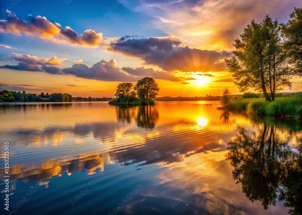 Serene Lakeside Sunset: Golden Hour Reflection on Calm Water Serene Lakeside Sunset: Golden Hour Reflection on Calm Water