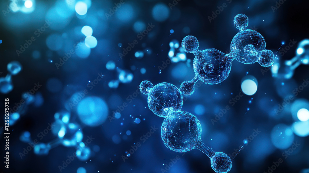 Abstract background with blue glowing molecules and chemical structures on a dark blue background Abstract background with blue glowing molecules and chemical structures on a dark blue background