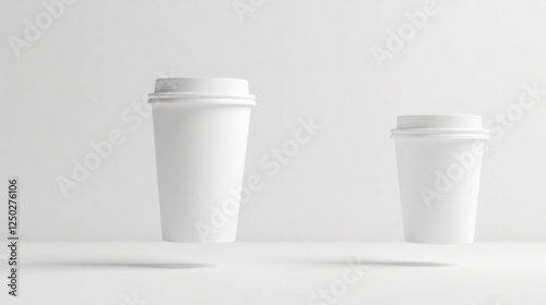 Two Blank White Disposable Cups on a White Background Perfect for Mockups and Branding Designs