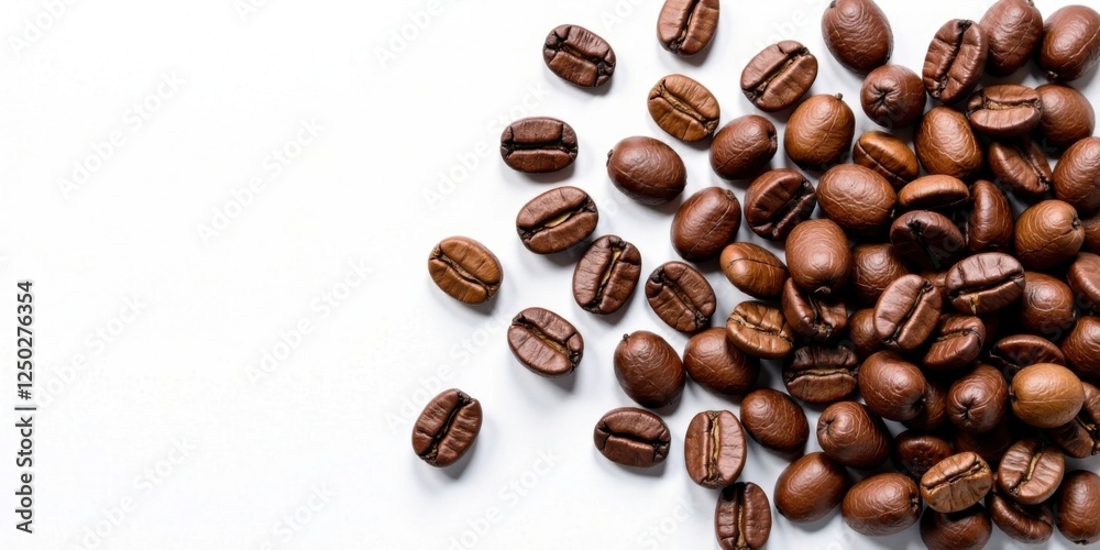 Naklejka premium Roasted Coffee Beans Scattered on White Background A Detailed Close-Up Image Perfect for Culinary, Beverage, or Food-Related Designs