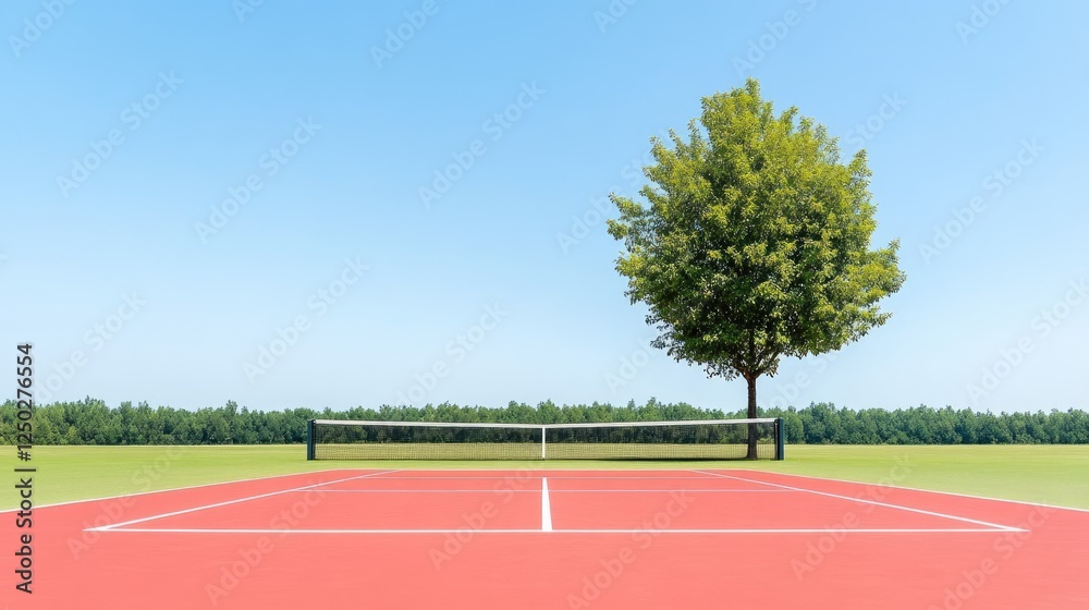 Fototapeta premium A serene tennis court with a vibrant red surface and a solitary tree under a clear blue sky