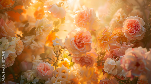 Fototapeta Naklejka Na Ścianę i Meble -  A cascading floral arrangement of pastel roses and peonies