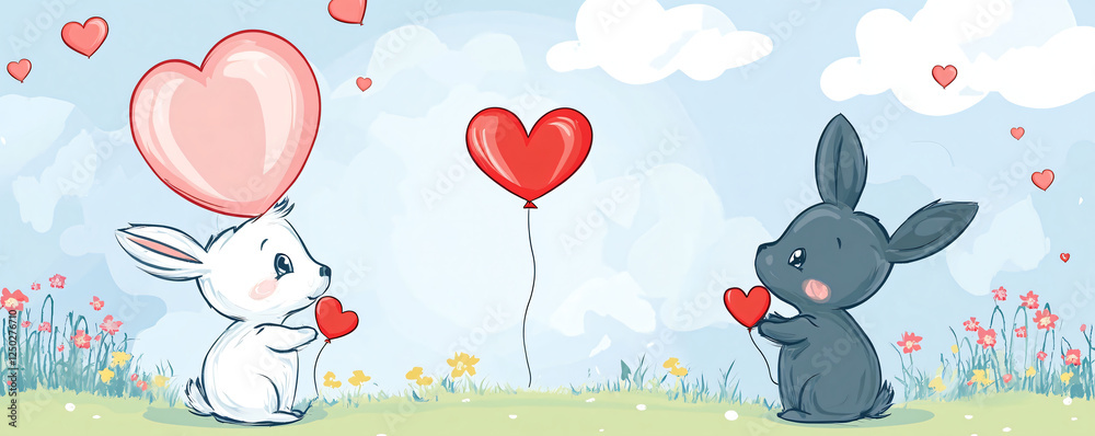 Two cute rabbits expressing love with hearts and balloons under a sunny sky. Two cute rabbits expressing love with hearts and balloons under a sunny sky.