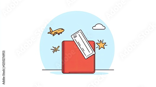 Colorful illustration of travel essentials with an airplane and ticket against a blue background
