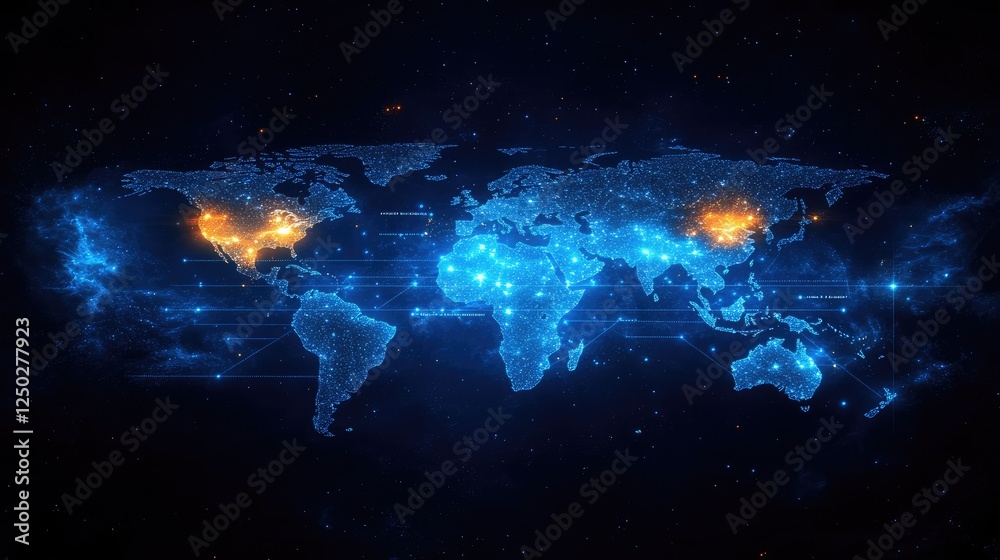Obraz premium Digital world map visualization with glowing connections and data streams across continents