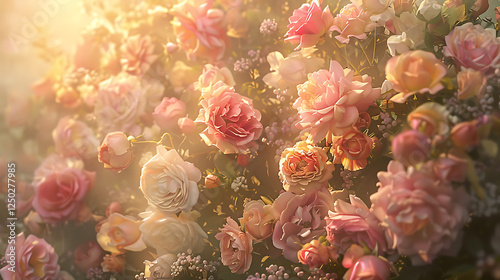 Fototapeta Naklejka Na Ścianę i Meble -  A cascading floral arrangement of pastel roses and peonies