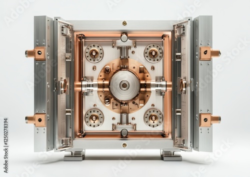 Open metallic security safe with complex internal mechanism. photo