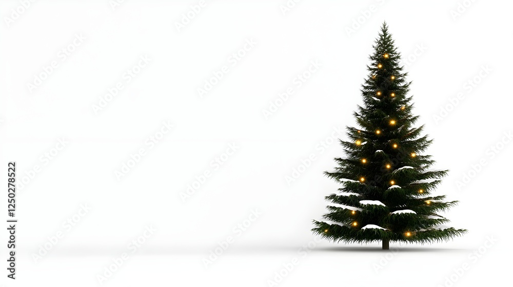 Festive Christmas Tree with Snow and Glowing Lights Set Against a Plain White Background for Holiday Decoration and Seasonal Celebrations Festive Christmas Tree with Snow and Glowing Lights Set Against a Plain White Background for Holiday Decoration and Seasonal Celebrations