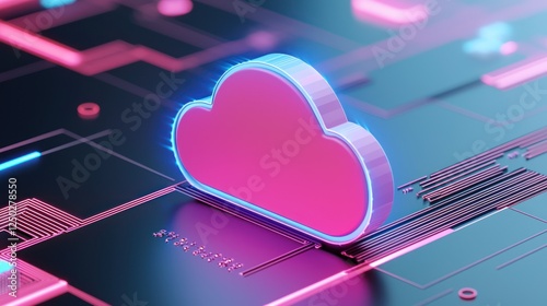 A vibrant, digital cloud icon sits on a futuristic circuit board, symbolizing cloud computing and technology.
