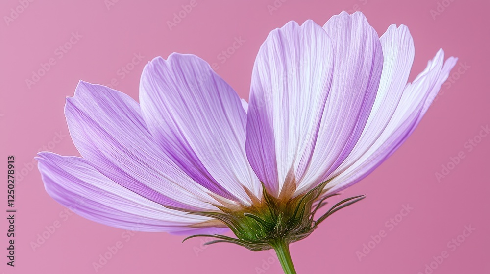 Pale Cosmos flower, side view, pink background, studio shot, floral design