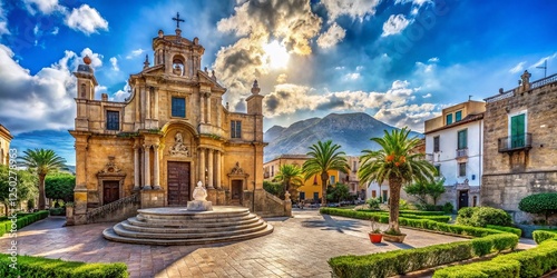 Sicilian Church Altar: Cubic Marble Cross, San Cataldo, Palermo Landscape