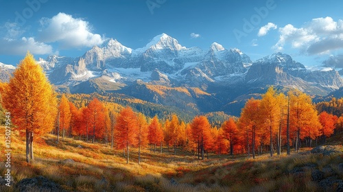 Vibrant autumn landscape showcasing colorful trees with snow-capped mountains in the background