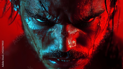 Dual Persona: A dramatic close-up portrait of a man's face, split between cool blue and warm red lighting, revealing intense emotion and inner conflict.
