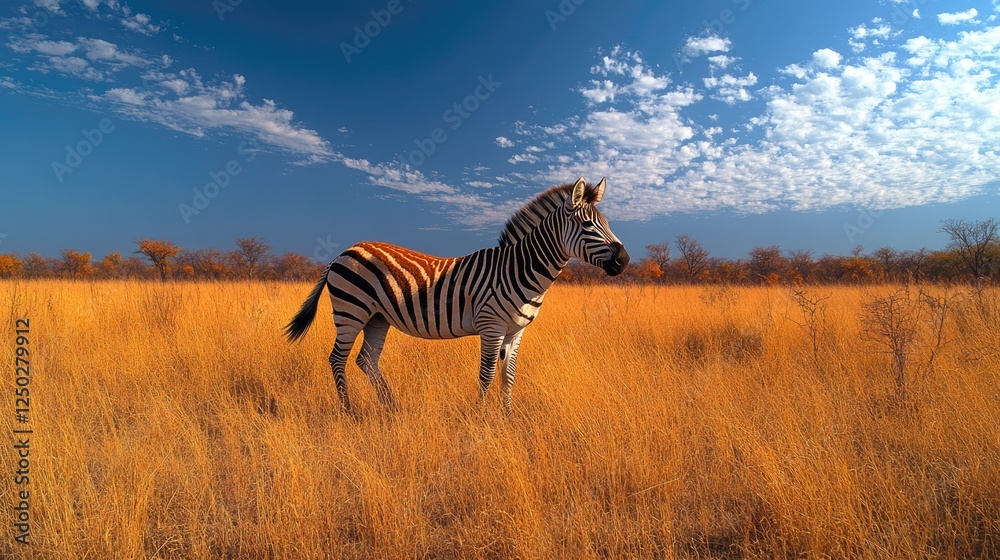 Naklejka premium A majestic zebra standing in a golden savannah under a vibrant blue sky with scattered clouds