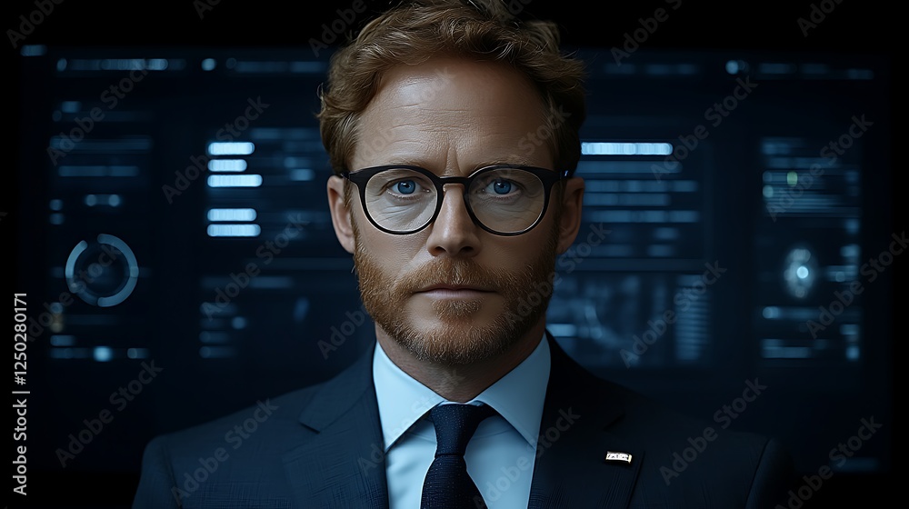 Serious Businessman, Tech Background, Focused Serious Businessman, Tech Background, Focused