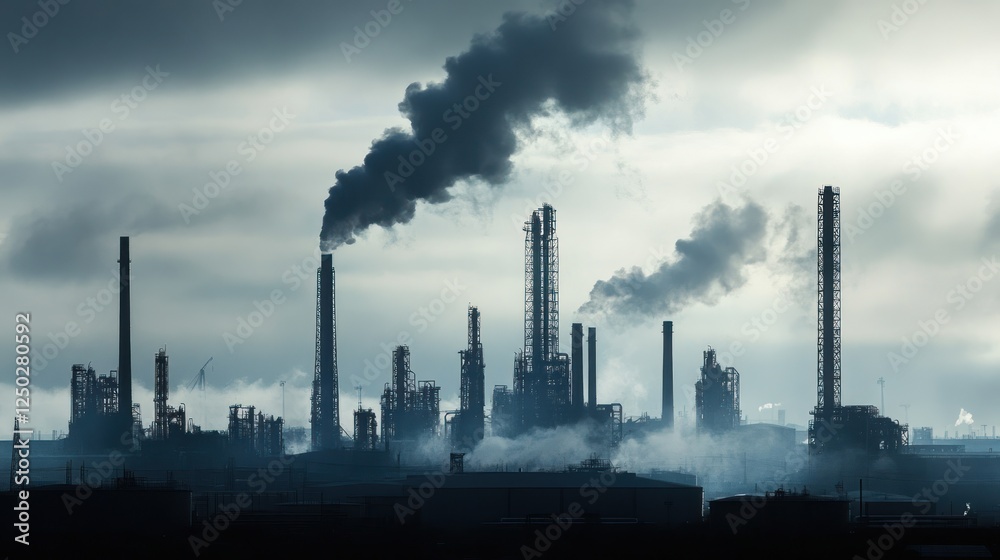 Industrial landscape with smokestacks emitting pollution against a cloudy sky. Industrial landscape with smokestacks emitting pollution against a cloudy sky.